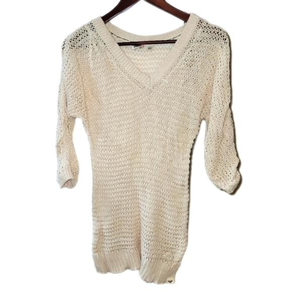 ❤️ 3 for $35 Roxy crochet open weave knit cream 3/4 sleeve sweater medium - Picture 1 of 8